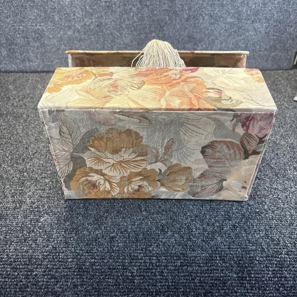 Vtg~Rounded~Floral Fabric Covered Jewelery Box with a Tassle Handle~90s/Retro